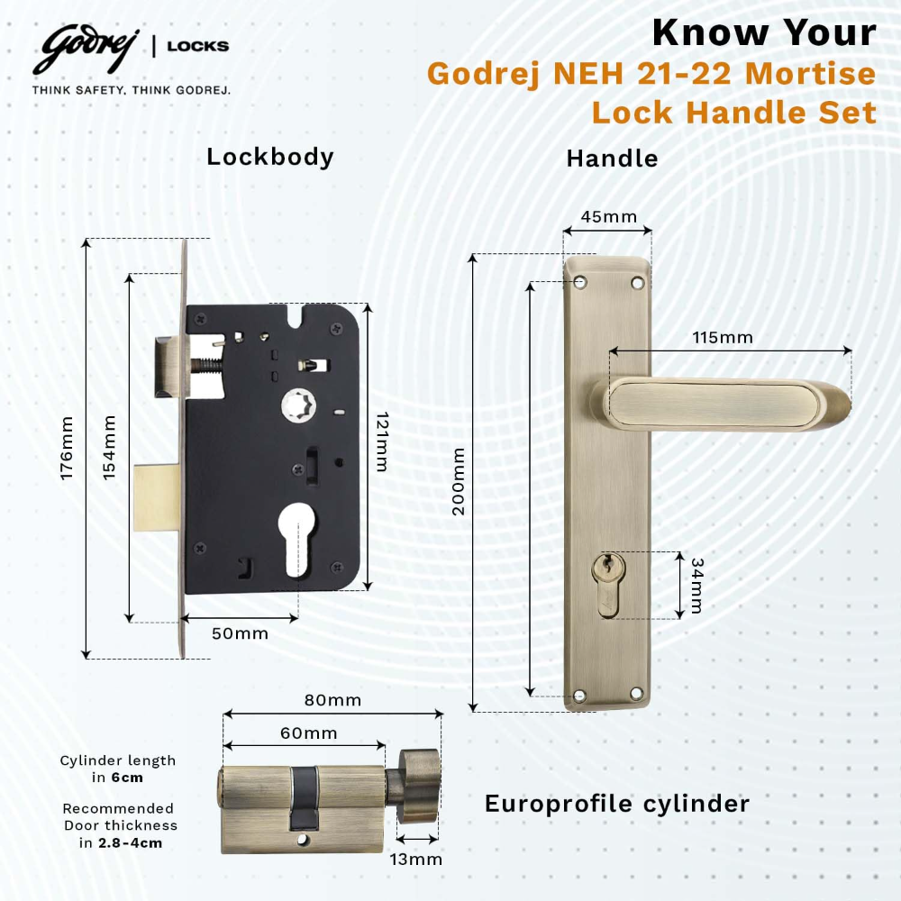 Godrej Mortise Lock|Handle Lock Set for Main & Internal Door of Home & Offices|NEH 21|Antique Brass Finish|8 inch Lockbody|60 mm Cylinder Key from Outside knob from Inside with 3 Keys|5 Years Warranty